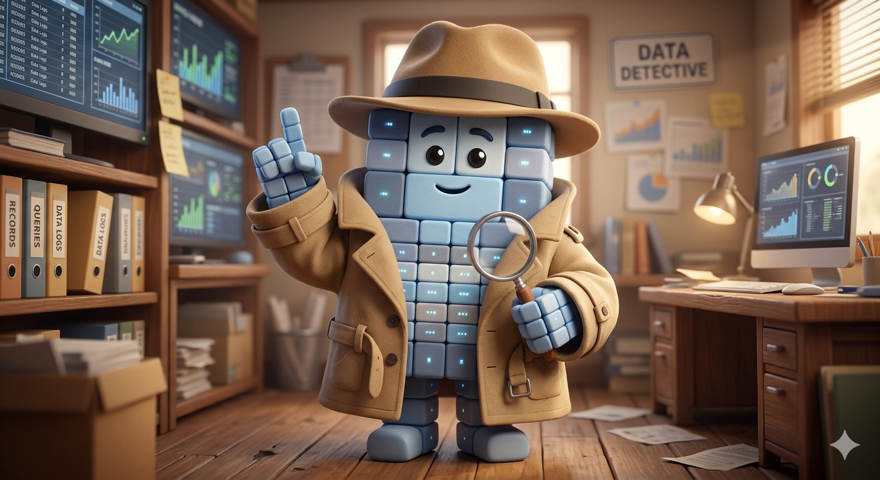 Columnbo, the data detective, in his office surrounded by charts and monitors